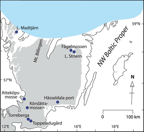 Figure 2. (Colour online) Sites in southern Sweden with evidence for the early Holocene warming and/or the PBO/11.4 ka BP event. Light blue = ice margin at c. 11.7 ka BP; light grey = areas above the Baltic Ice Lake and the sea-level at c. 11.7 ka BP.