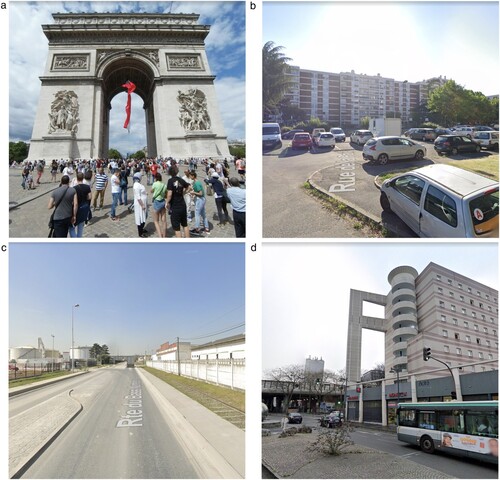 Figure 6. Left to right, top to bottom: two of the most and least Parisian images of Paris; a very “Los Angeles” image of Paris; and the most “New York” image of Paris.