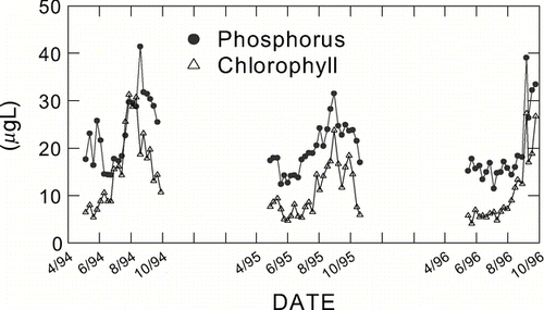 Figure 4 TP and chlorophyll concentration for three growing seasons in polymictic Brome Lake, Quebec.