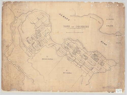 Figure 11. By 1870, numerous leases had been granted in Somerset, and many of the leaseholders were politicians and businesspeople, likely attracted by the prospect of Somerset’s imagined future as the Empire’s next Singapore, albeit that private settlement never eventuated, from Surveyor General’s Office, Town of Somerset, c.1870, courtesy of Queensland State Archives, 637072