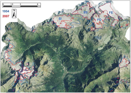 Figure 1. Location Map. The blue glacier boundaries described glacier limits in the 1954, instead the red outlines showed glaciers in the 2007. The base layer is the 2007 colour orthophotos (CGR BLOM). Scerscen Superiore, Scerscen Inferiore, Fellaria Est and Fellaria Ovest are the main glacier bodies of the Bernina group – Italian sector (4.92, 4.80, 4.85 and 4.35 km2, respectively, these glaciers are labelled as SS, SI, FE and FO, geolocation is reported in Tab.1).