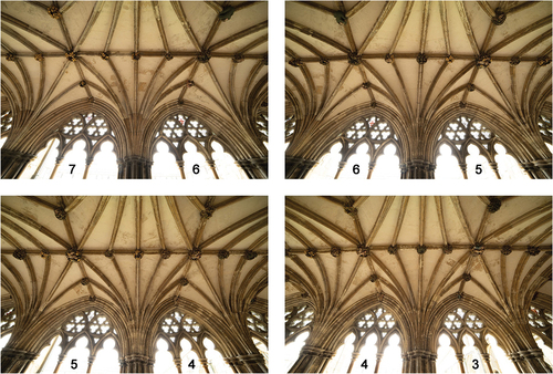 Figure 11. Photographs of vault tas-de-charges adjoining the cloister garth in the east walk at Norwich cathedral, bays 3 to 7.