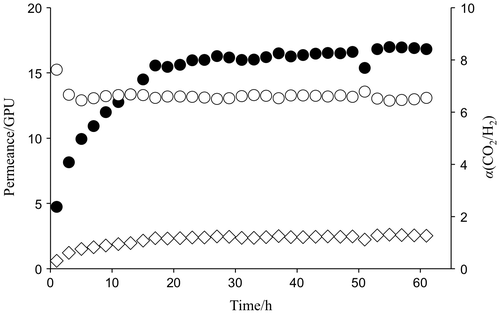 Figure 5. Change in gas transport properties of MEA-containing PVA membranes at 40 °C and 85% relative humidity (Δp(CO2) =  63 kPa) as a function of time.