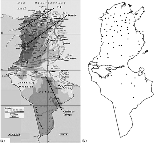 Fig. 1 (a) Map of Tunisia and (b) location of rainfall measurements.