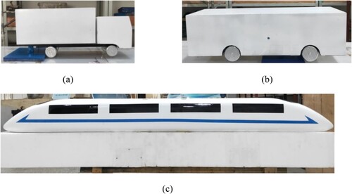 Figure 14. Vehicle models in the moving model tests: (a) Van; (b) Bus; (c) CRH3 (up) and cuboid train (down).