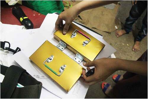 Figure 2. Tin box lids at a boxmaker’s workshop are repurposed to make the pupil’s gutter cover prototype, Mumbai 2016.
