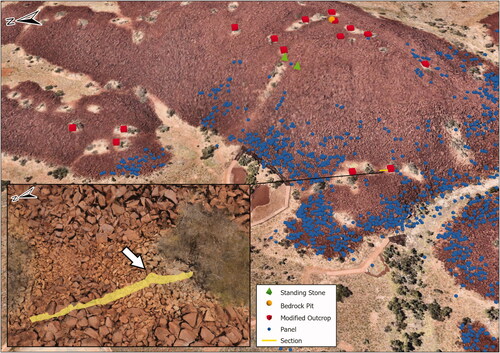 Figure 15. Nganjarli stone structures identified in 2019. Aerial imagery ©Nearmap 2021. Digital Elevation Model ©ESRI 2021. Inset shows location of section on 3D Model created from terrestrial imagery: the stacked stones are prominent in the location of the arrow.