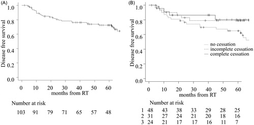 Figure 2. Disease-free survival (DFS) in all patients (A) and each group (B). The number at risk for the three groups are designated as follows: 1 = no cessation, 2 = incomplete cessation, and 3 = complete cessation.