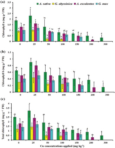 Figure 1. Effect of Cu stress on photosynthetic pigments chlorophyll-a (a) chlorophyll-b (b) and total chlorophyll (a + b) (c), of four plant species after 12 weeks of growth in soil contaminated with varying concentrations of applied Cu. Bars with the similar letters are statistically non-significant according to Duncan’s multiple range test (p < 0.05), Data are means (n = 3 ± SD), a in superscript represent significantly highest followed by later alphabets for lower means