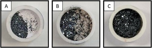 Figure 2. The crucible samples before use the experiments. (A) Crucible of iron ore and lime. (B) Crucible of iron ore and limestone. (C) Crucible of iron ore and slag.