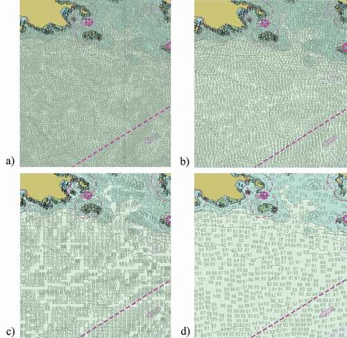 Figure 9. Sounding label distributions of generalization approaches for the Strait of Juan de Fuca dataset: a) fixed radius; b) variable radius; c) grid-based; and d) label-based.