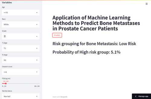 Figure 8 The machine learning model-based web predictor for predicting bone metastases in prostate cancer patients.