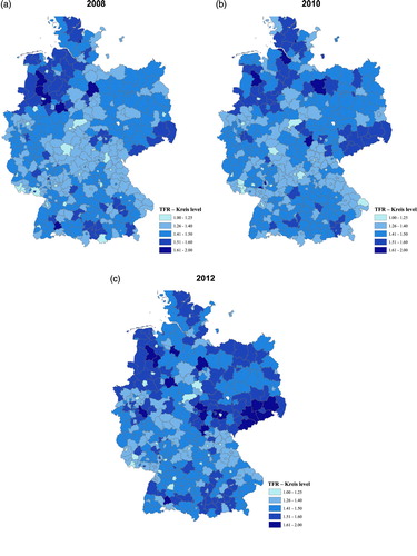 Figure 4 Total fertility by county (Kreis): Germany 2008, 2010, and 2012Notes: Darker areas correspond to higher levels of fertility in the corresponding county (Kreis).Source: INKAR administrative records.