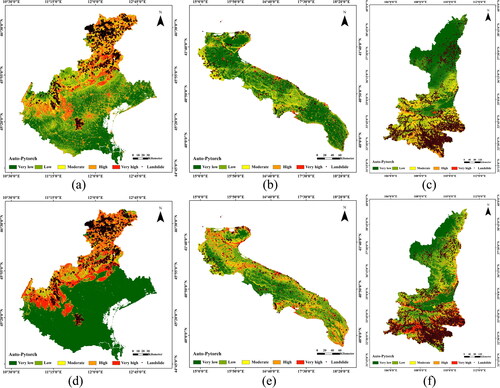 Figure 11. Provincial landslide susceptibility maps by Auto-PyTorch. (a) and (d) Veneto Province, Italy, (b) and (e) Apulia Province, Italy, (c) and (f) Shaanxi Province, China. The first line shows the results of Auto-PyTorch when the specified area is selected in the global LSP map, and the second line shows the results of Auto-PyTorch when non-landslide samples are selected from the low susceptible areas of the obtained global landslide susceptibility maps.