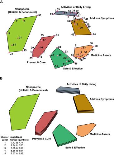 Figure 3 Cluster mapping of participant sorts and ratings. (A) Point cluster map; (B) cluster-ratings map.