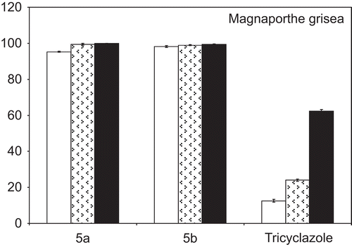 Figure 4.  Comparison between the antifungal activity on M. grisea of the compounds 5a–5b and the reference compound, tricyclazole, treated at the same doses.
