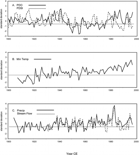 FIGURE 7. Composite 20th-century records of standardized climate and streamflow indices used in modeling relationships of ecological response. A. Annual indices of standardized Pacific Decadal Oscillation (PDO; CitationMantua et al. 1997; http://tao.atmos.washington.edu/pdo/; solid line) and standardized annual Palmer Drought Severity Indices (PDSI; CitationPalmer, 1965, California Region 7; http://www.drought.noaa.gov/; dashed line). B. Composite record of standardized monthly minimum temperature (averaged annually) derived from four regional weather stations (Table 8). C. Composite records of standardized monthly precipitation (averaged annually) derived from four regional weather stations (Table 8) (solid line) and standardized annual streamflow derived from four Sierran water-gauging stations (Table 8) (dashed line)