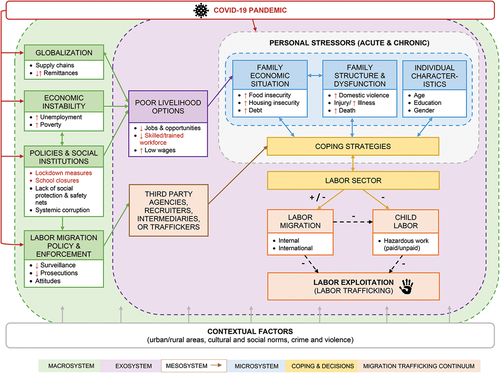 Figure 1. Conceptual model depicting multilevel pathways to labor exploitation and the potential influence of the COVID-19 pandemic.