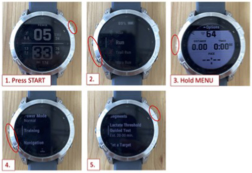 Figure 1 Procedure on Garmin watch face: getting to the guided lactate threshold test.