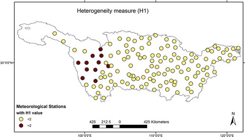 Figure 7. Spatial distribution of the heterogeneity measure (H1) for groups delineated based on the ROI-4 model at the gauged sites