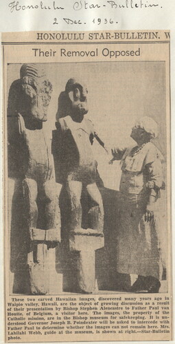 FIG 7 Newspaper clipping of the Honolulu Star Bulletin, December 2, 1936, showing Mrs. Lahilahi Webb, guide at the BP Bishop Museum with the ki‘i heiau (Courtesy of Damien Collection, Leuven with permission of Honolulu Star Bulletin).