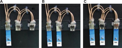 Figure 3 (A) A single UAB. UAB-1×1 denotes UAB without a ZnO2 nanoparticle coating, while UAB-1×1-ZnO2 denotes one with a ZnO2 nanoparticle coating. (B) A UAB in 1×2 array configuration. When the ZnO2 nanoparticle coating was deployed, it is abbreviated to UAB-1×2-ZnO2, and constructed by fixing two UAB-1×1-ZnO2 in parallel. (C) A UAB in 1×3 array configuration. With a ZnO2 nanoparticle coating on, it is abbreviated to UAB-1×3-ZnO2, and constructed by fixing three UAB-1×1-ZnO2 in parallel.Note: Copyright © 2013, Elsevier B.V. Reproduced from Ching CTS, Chang KM, Hung YL, et al. An array configuration to increase the performance of a biosensor. Sens Actuators B Chem. 2013;178:465–472.Citation28Abbreviation: UAB, uric acid biosensor.