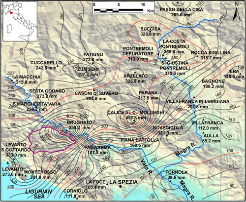 Figure 2. Isohyet map of the 25 October 2011 rainstorm (cumulative rainfall in 24 h). The violet line borders the Pogliaschina T. basin.