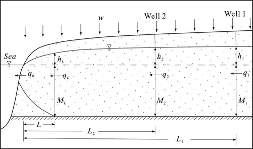 Figure 5. Schematic cross-section showing a coastal unconfined aquifer with a horizontal lower confining bed and unique vertical infiltration on the land surface (L < L2 < L1, ML = M2 = M1, q0 > qL > q2 > q1).