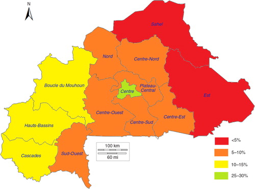 Fig. 4 Modern contraceptive prevalence rates by region in 2003 in Burkina Faso.