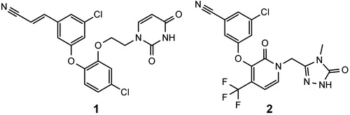 Figure 1. Structures of a catechol diether with the lowest EC50 reported to date (1) and doravirine (2).