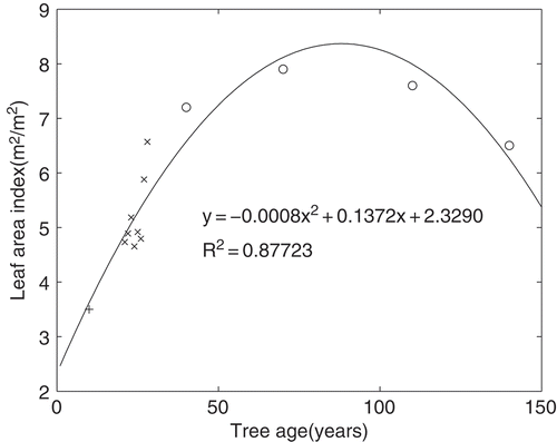 Fig. 6 Relationship of tree age to leaf area index. ‘+’ represents data from (Spinnler et al. Citation2002), ‘×’ data from (Kostner et al. Citation2002), and ‘o’ data from (Pokorný et al. Citation2008).