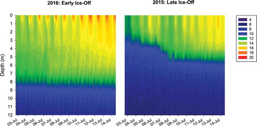 Figure 1. Thermal structure of a lake in southwest Greenland during the first two weeks of July in an early (2016) and a late (2015) ice-off year. These data are based on thermistor strings collecting data at 1-m intervals in the water column. Colored contours represent temperature changes (°C) throughout the water column over time.