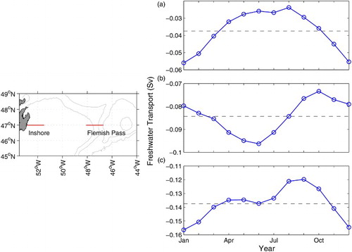 Fig. 17 Monthly freshwater transport (a) across the inshore portion, (b) through the Flemish Pass, and (c) from the coast to the 3000 m isobath at the Flemish Cap transect (47°N). The annual mean freshwater transport is also depicted (dashed black line).