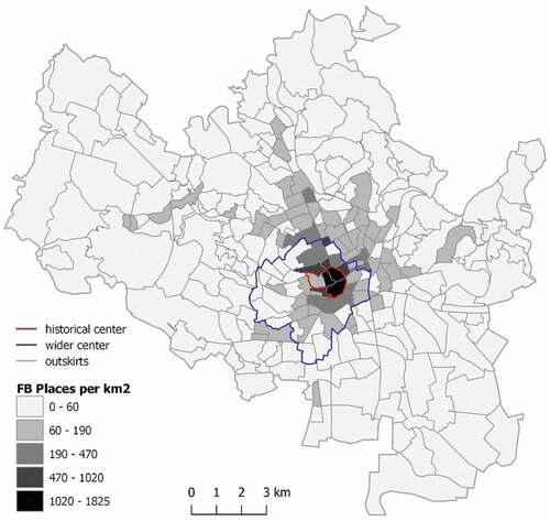 Figure 3. Spatial distribution of collected ‘Food & Beverage’, ‘Shopping & Retail’ and ‘Medical & Health’ Facebook Places related to the area of basic settlement units in Brno.