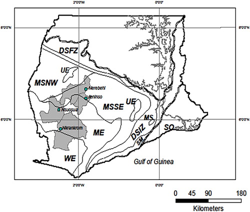 Figure 1. Map of Southern Ghana showing four shaded districts consisting of the study sites (•). Forest type boundaries are shown by broken line (-----). Forest-type abbreviations: WE = Wet Evergreen; UE = Upland Evergreen; ME = Moist Evergreen; MSSE = Moist Semi-deciduous; NW = Northwest subtype; SE = Southeast subtype; DS = Dry Semi-deciduous; FZ = Fire Zone subtype; IZ = Inner Zone subtype; SM = Southern Marginal.