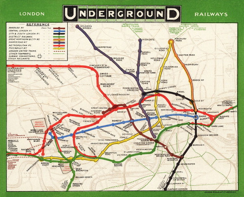 Figure 3. Pocket edition of the first map to show all Underground lines as a coordinated system, issued by the UERL in 1908 and printed by Jonathan Riddle & Company Ltd. Although the map includes surface features for reference, some geographical distortion has been introduced below the legend to ensure that the Metropolitan Railway (in red, top left) remains visible. Size: 270 × 220 mm (reproduced courtesy of the David Rumsey Map Collection).