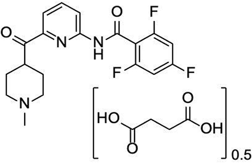 Figure 1 Biochemical structure of Lasmiditan. This compound exhibits a pyridinoyl-piperidine scaffold, which is not found in other anti-migraine rescue therapies and is thought to contribute to its unique properties.Citation11