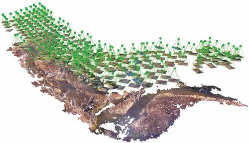 Figure 5. Pointcloud surface reconstruction of the Whiteman Creek stream corridor for Campaign 3. The pointcloud was derived using Pix4D with UAV imagery. Green spheres represent the optimized camera orientation and position where each image was taken. Flight lines were conducted with a 70% overlap at 40–50 m AGL. The reconstruction had a 57% success rate in recreating the streambank surface.