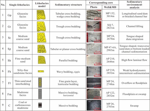 Figure 5. Single lithofacies types and their corresponding relations with sedimentary structures and facies.