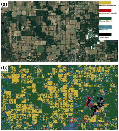 Figure 10. Zoomed-in view of Alachua County, Florida: (a) Google Earth base map; (b) land-use map. Image is courtesy of Google Earth© (2017). Google Earth V 7.1.1.1888 (viewed March 12, 2017). Alachua County, Florida, USA. 29°42’03.94”N, 82°38’16.24”W, elev. 76 ft, Eye alt 11.12 mi. Landsat/Copernicus [November 19, 2016]. https://www.google.com/earth/index.html
