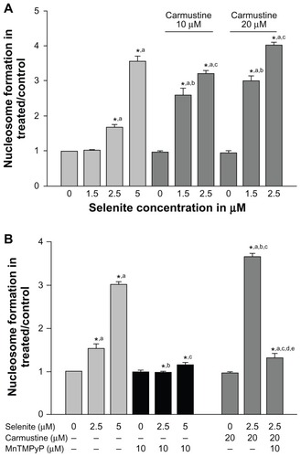 Figure 5 Nontoxic doses of selenite enhance apoptosis in PC-3 cells sensitized with carmustine, and this enhancement is mediated through oxidative stress. (A) PC-3 cells were pretreated with 10 or 20 μM carmustine for 30 minutes and then treated with the indicated concentrations of selenite (1.5–5 μM) for 24 hours. Apoptosis was then determined by enzyme-linked immunosorbent assay as described in the Materials and methods section. The data are presented as the mean ± standard deviation (*P < 0.05; n = 3) and expressed as optical density at 405 nm. Data are normalized to the control. Comparisons shown: (a) significant compared with control; (b) significant compared with 1.5 μM selenite-treated cells; (c) significant compared with 2.5 μM selenite-treated cells. (B) PC-3 cells were pretreated with 20 μM carmustine for 30 minutes and then treated with 10 μM MnTMPyP along with 2.5 or 5 μM selenite for 24 hours. Apoptosis was then determined as described in the Materials and methods section. The data are presented as the mean ± standard deviation (*P < 0.05; n = 3) and expressed as optical density at 405 nm. Data are normalized to the control. Comparisons shown: (a) significant compared with the respective control; (b) significant compared with 2.5 μM selenite-treated cells; (c) significant compared with 5 μM selenite-treated cells; (d) significant compared with carmustine-treated cells; (e) significant compared with carmustine-treated and selenite-treated cells.