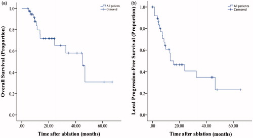 Figure 2. The Kaplan–Meier estimates of survival for all included patients. (A) The OS rates of all patients with pulmonary metastases (PM) from hepatocellular carcinoma (HCC) treated with thermal ablation. (B) The local progression-free survival rates of all patients with PM from HCC treated with thermal ablation.