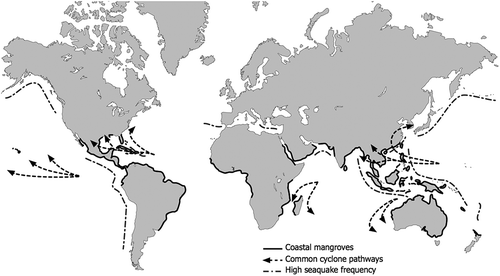 Figure 1. Global mangrove locations with typical cyclone paths and areas of high tsunami-causing earthquake (seaquake) frequency (Giri et al. Citation2011; NOAA Citation2012, Citation2013).