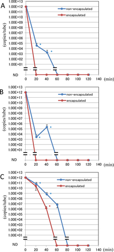 Figure 2. Template activity of DNA in the course of autoclaving.The template activities of a 84 bp fragment of the 2682 bp PCR product in 10 µL water (A), TE (B), and the crude PCR product (C) are indicated. Results for encapsulated and non-encapsulated samples are presented. X- and y-axes represent the length of the autoclave cycle at 121°C and the copy number of the template per tube, respectively. The samples that retained no PCR template activity were plotted at the level of ND (not detected). Error bars represent SD for three separate experimental samples. The error bars for plots of 0 min are less than 4% and are too small to be indicated. The plots with asterisks represent mean of values in different orders (SD is larger than mean) and the lower error bar could not be indicated in the logarithmic scale.