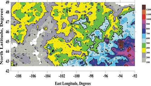 Figure 25. Geographical distribution of total annual precipitation (mm) in 2006 Stage IV: 52,011 grid points, 4 km × 4 km spatial resolution.