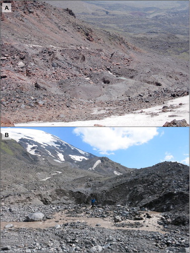 Figure 4. (a) Parachute Glacier, located near the ascent route of the peak and (b) the terminus of Parrot Glacier. In both debris-covered glaciers the debris thickness is more than 1 m and prevents the surface glacial ice melting.