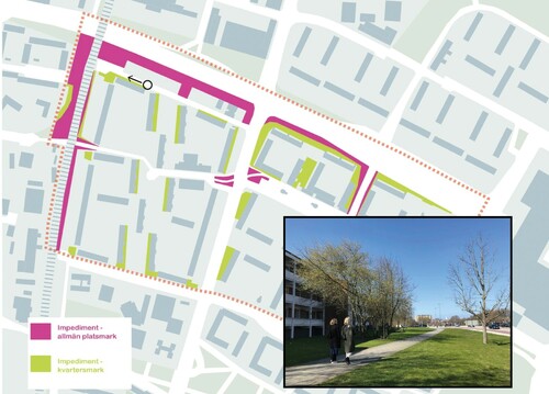 Figure 5: Map of impediment surfaces (Malmö stad Citation2015, 70) and a photograph exemplifying the character of these green spaces. Photo by author.