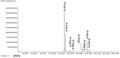 Figure 19. Chromatogram of mezquite gum sample exposed to alkaline medium. Acronyms as in Figure 5.
