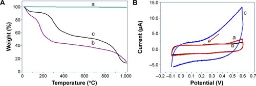Figure 8 Thermal and electrochemical analysis of RGO using TGA and cyclic voltammetry.Notes: (A) TGA curves of (a) graphite, (b) GO, and (c) RGO. (B) Cyclic voltammogram obtained for (a) GCE, (b) GO/GCE, and (c) RGO/GCE. The red arrow indicates oxygen and hydrogen evolution peak.Abbreviations: GCE, glassy carbon electrode; GO, graphene oxide; RGO, reduced graphene oxide; TGA, thermogravimetric analysis.