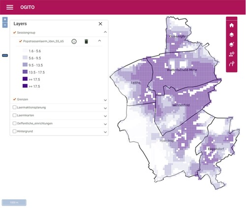 Figure 7. Estimated population exposed to roads noise levels (Lden) between 55 and 65 dB(A) (Screenshot from application) Note: Refer to Appendix D for short descriptions of German terms.